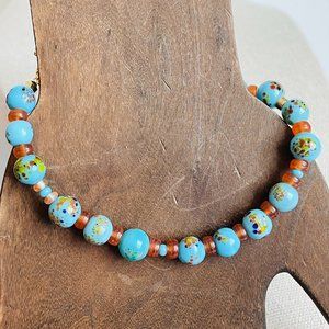 Beautiful Vintage Venetian Glass Blue Color Speckled Beaded Bracelet 7.5” Long